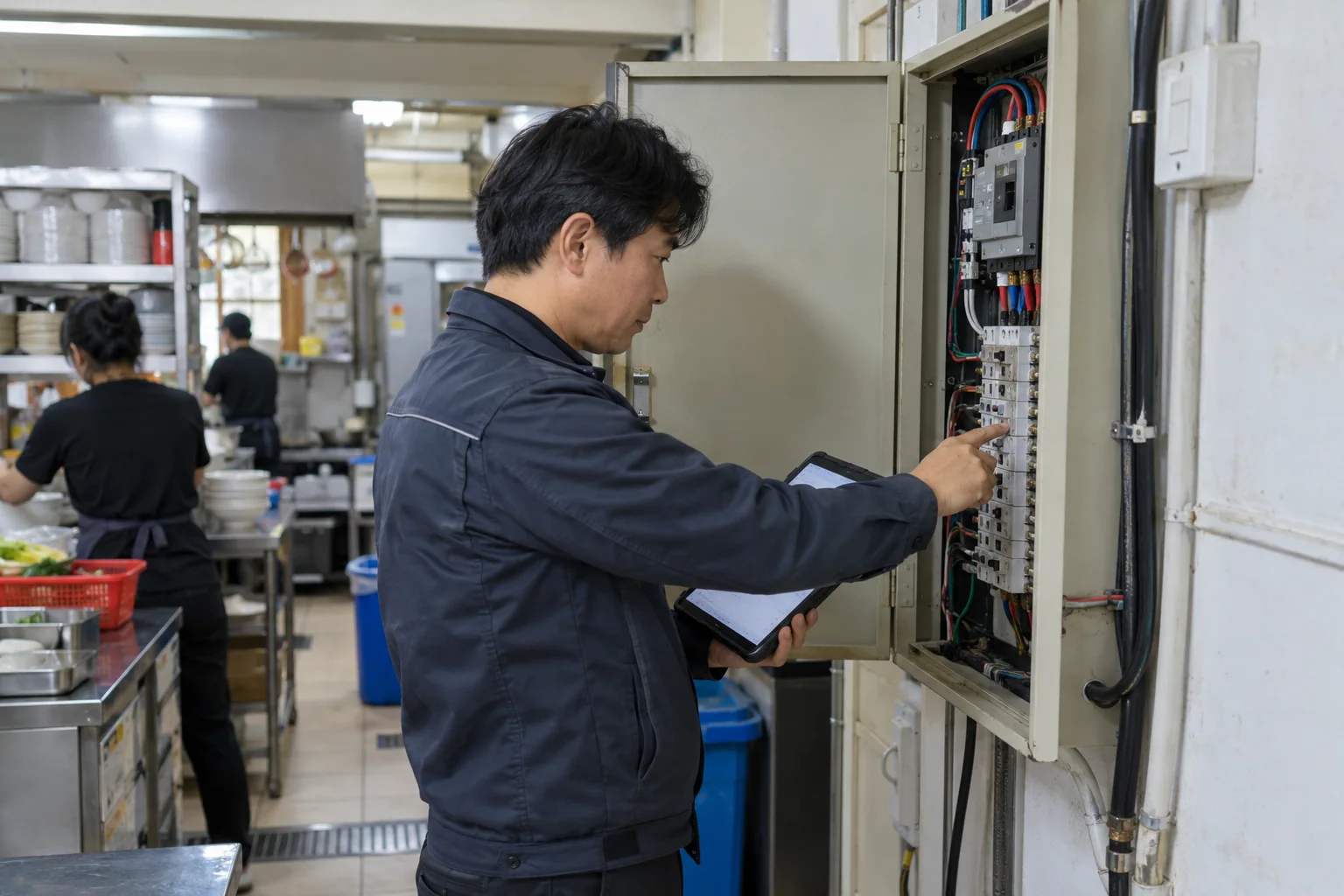 전기·소방 안전점검 업체 점검표와 보수 일정 자동화 업무 현장을 재현한 AI 생성 사진